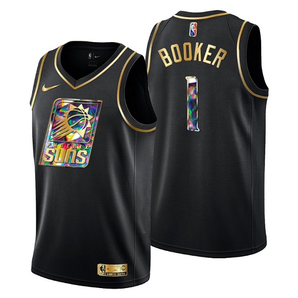 Men's Phoenix Suns #1 Devin Booker 2021/22 Black Golden Edition Diamond Logo Black 75th Anniversary Stitched Basketball Jersey Men's Phoenix Suns #1 Devin Booker 2021/22 Black Golden Edition Diamond Logo Black 75th Anniversary Stitched Basketball Jersey